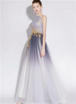 Picture of Pretty Gradient Tulle Long Halter A-line Prom Dresses, Charming Flowers Chic Formal Dresses